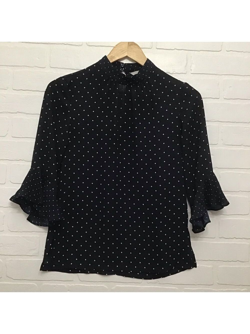 H&M Navy White Polka Dot Crepe Blouse Tulip Sleeves Office Career Size2 feminine